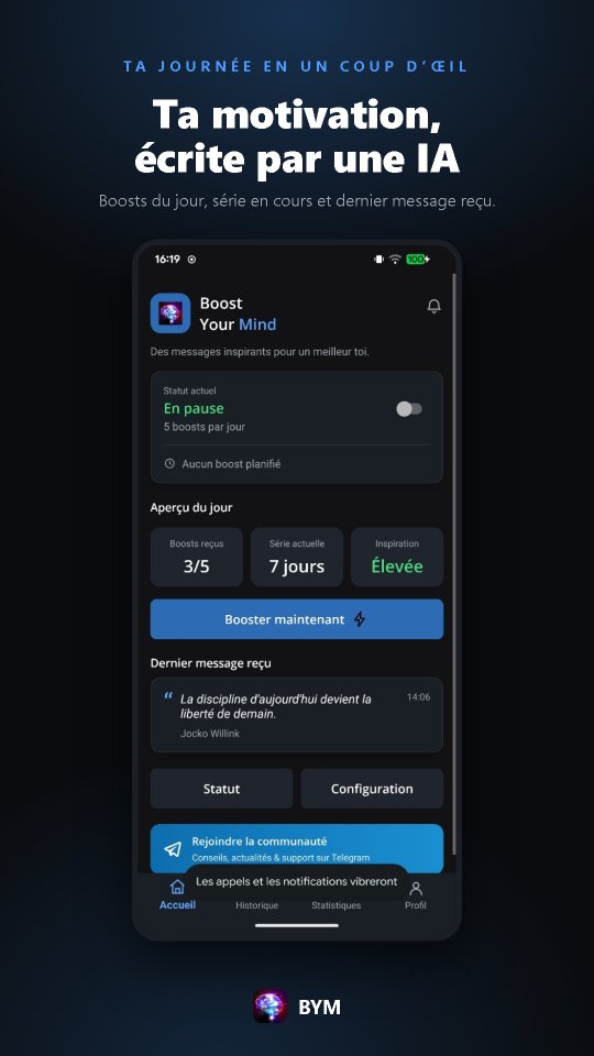 Écran d'accueil de BYM : statut des boosts du jour, série en cours et dernier message reçu.