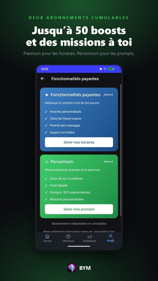 Fonctionnalités payantes de BYM : Premium pour vos horaires, Persomium pour vos prompts et missions.